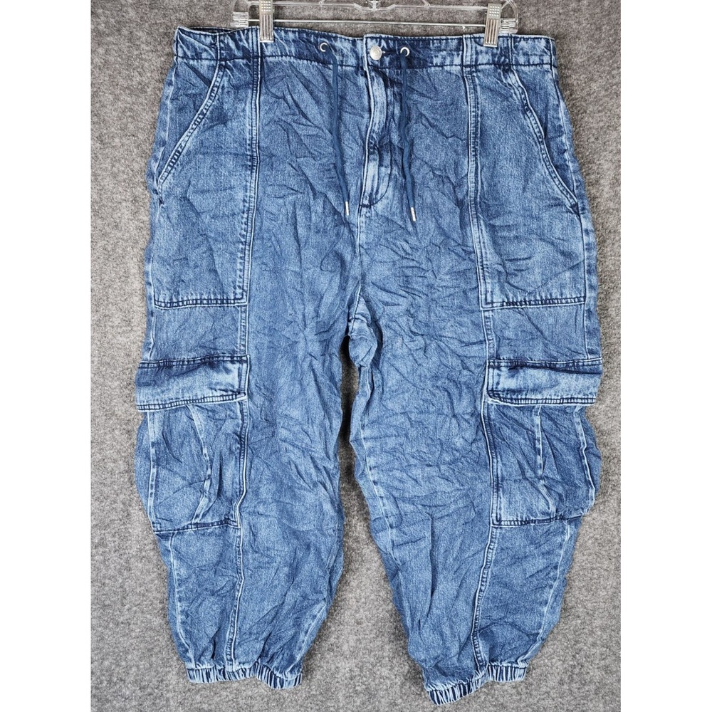 Scoop Pants Women XL Barrel Leg Blue Acid Wash Cargo Drawstring EUC
